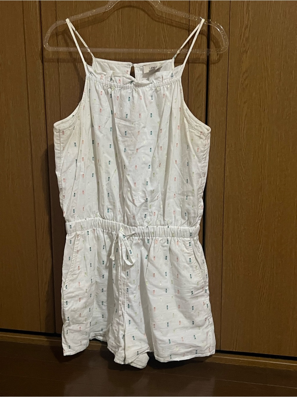 LOFT Outlet White Cotton Romper with Subtle Multicolor Micro Prints